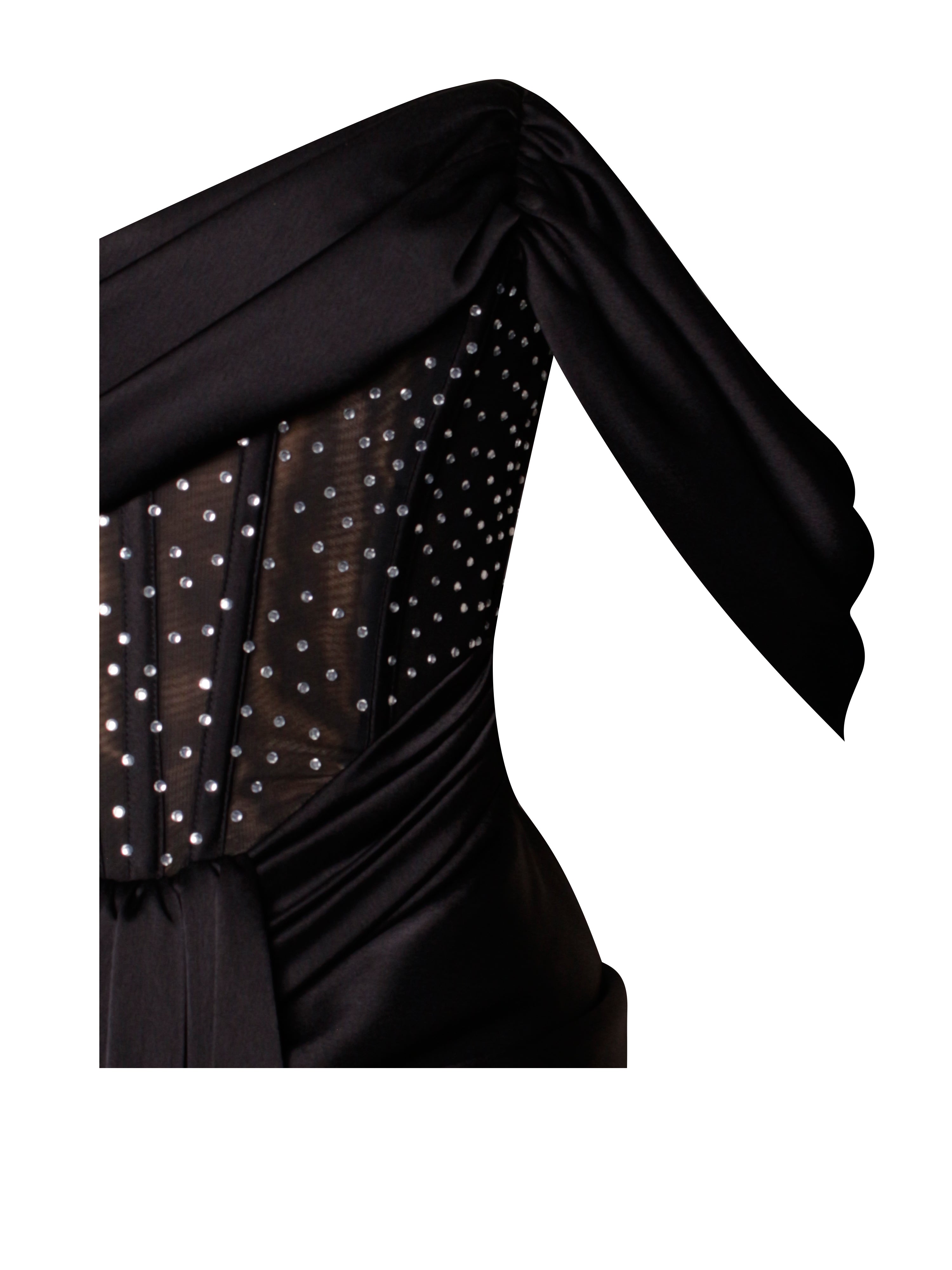 Stella Black Crystal Corset Satin Evening Gown