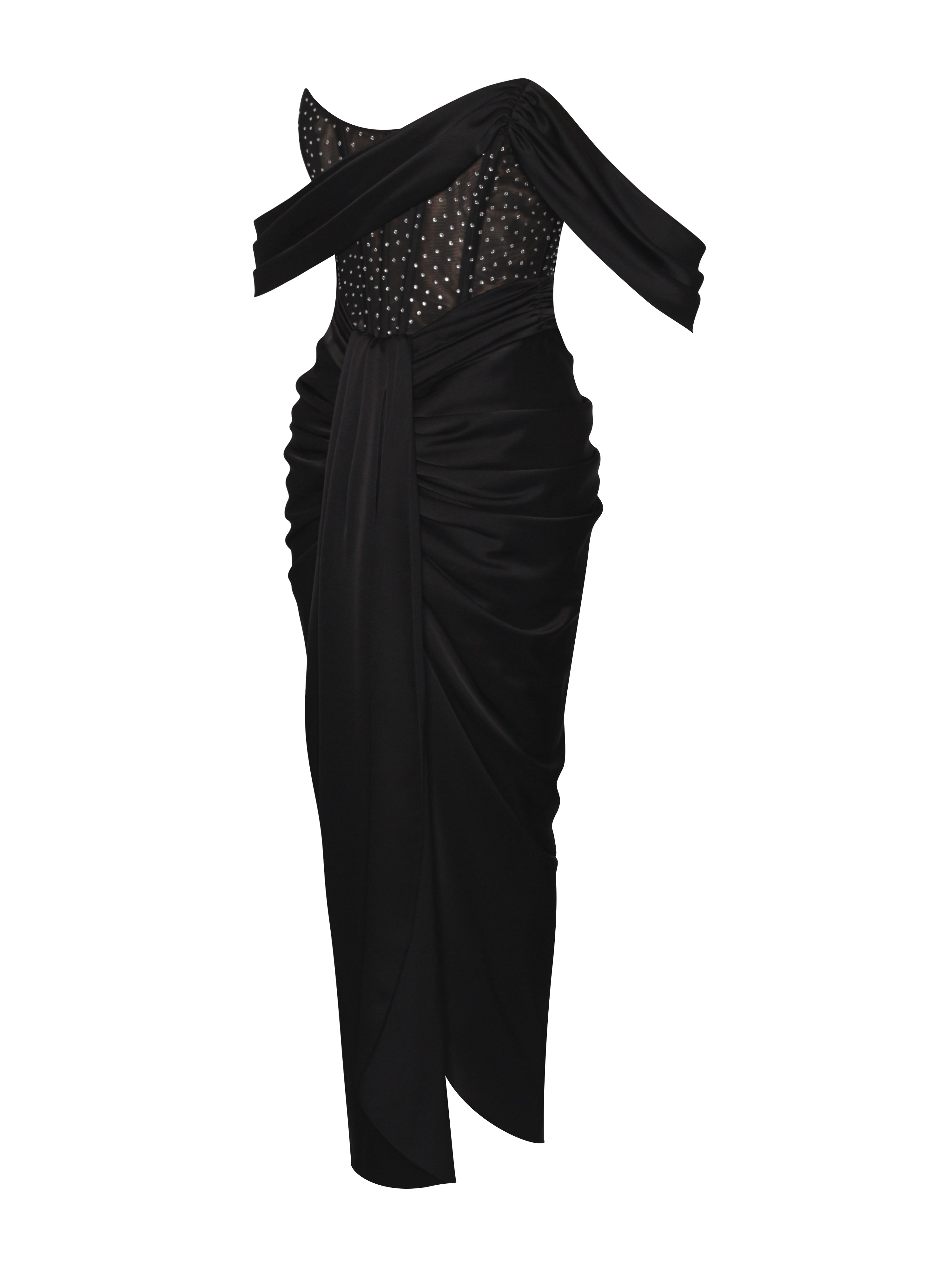 Stella Black Crystal Corset Satin Evening Gown