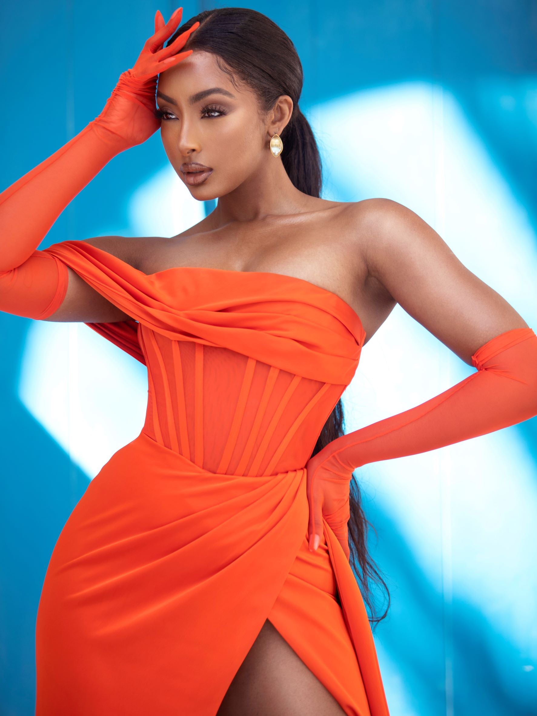 Poinciana Satin Corset Gown with High Slit