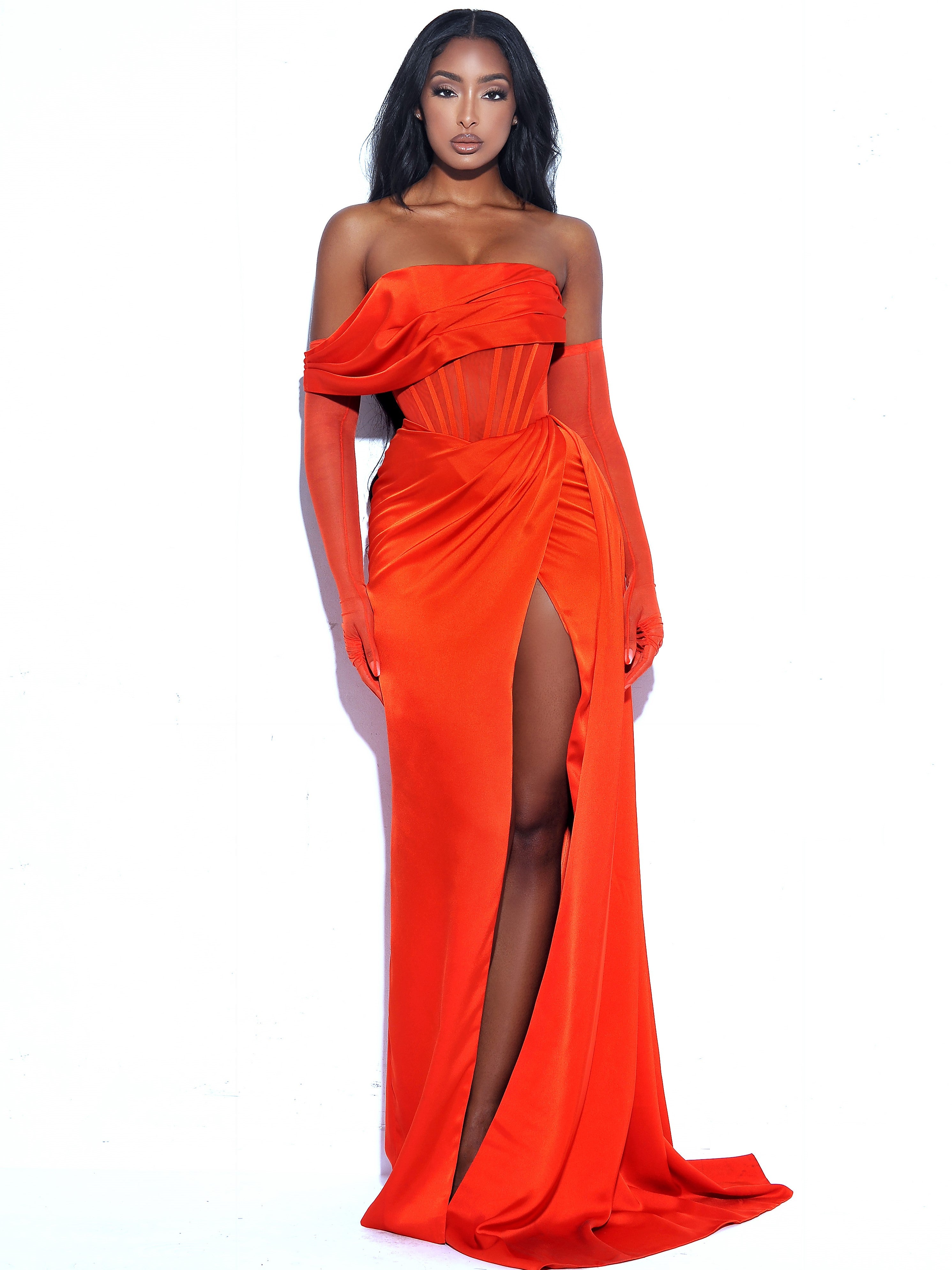 Poinciana Satin Corset Gown with High Slit