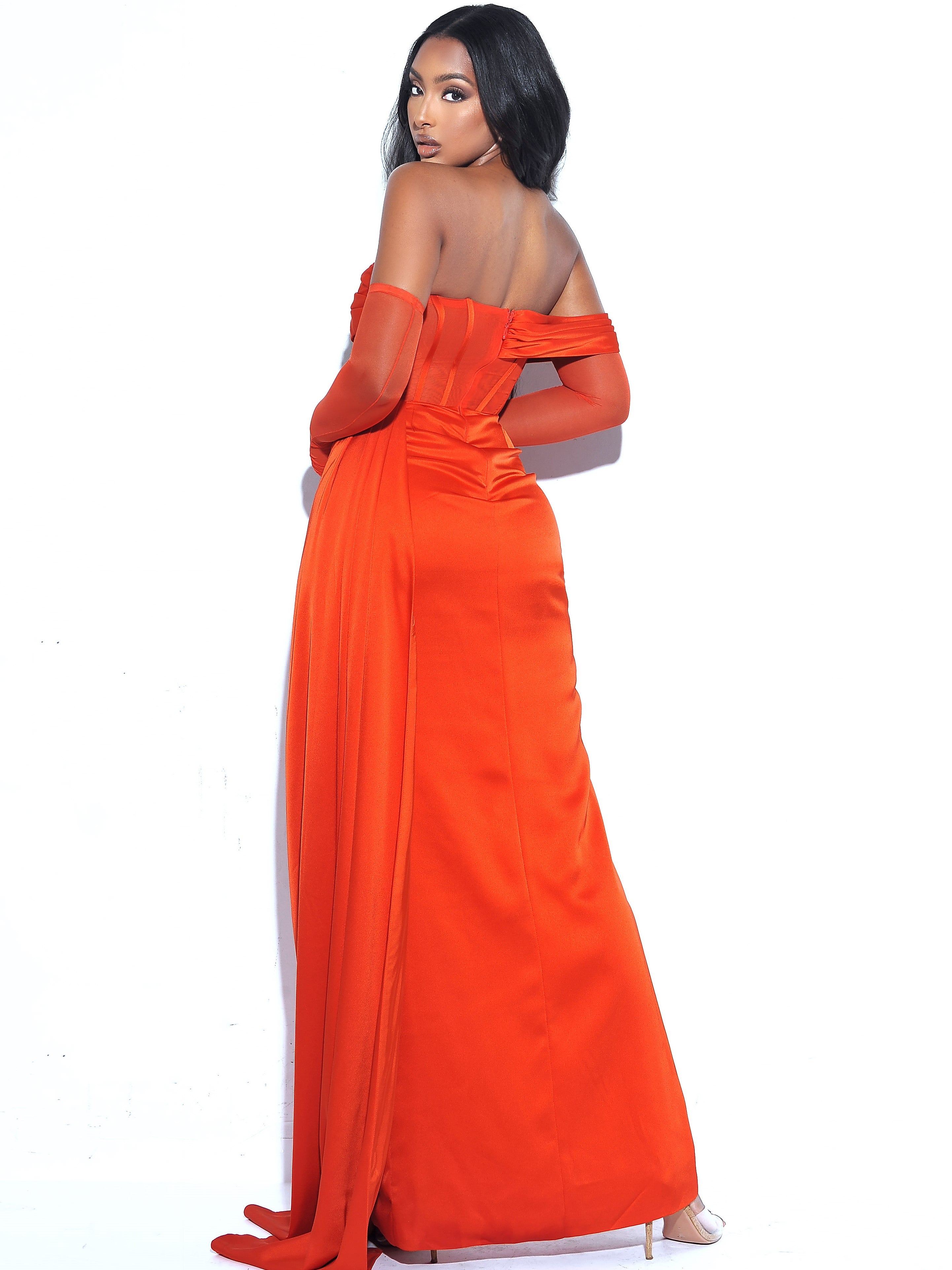 Poinciana Satin Corset Gown with High Slit